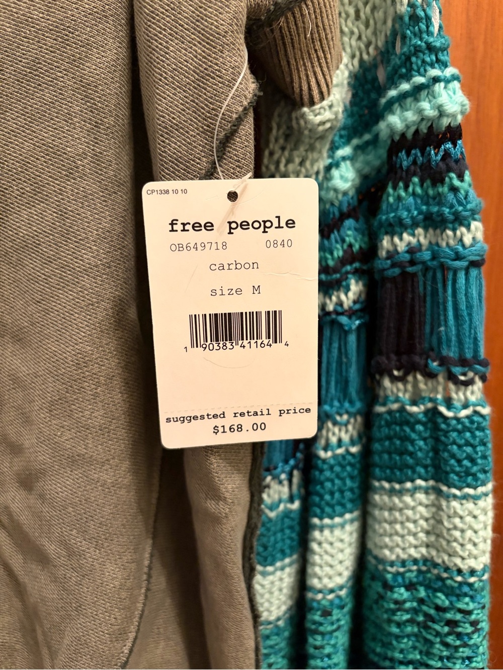 Free People Medium Carbon Pullover with Teal Crochet Statement Sleeves NWT - Picture 2 of 4